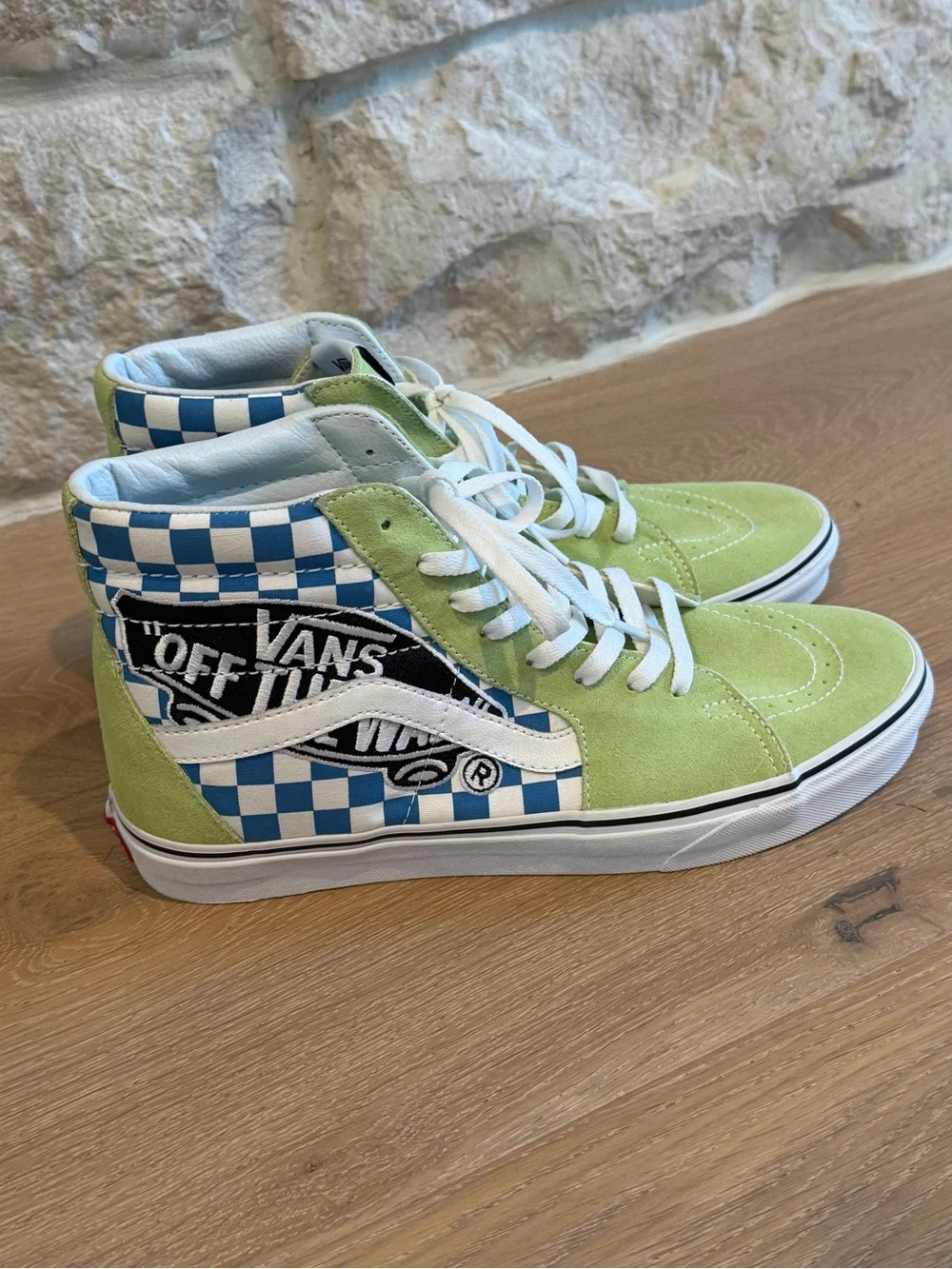 Vans Lime Green Suede High-Top Sneakers with Blue Checkerboard